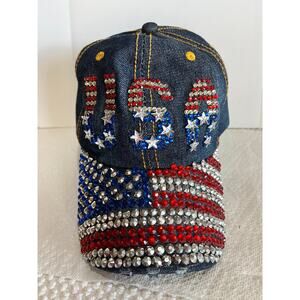 USA RHINESTONE EMBROIDERED HAT DARK DENIM USA W/ FLAG BILL